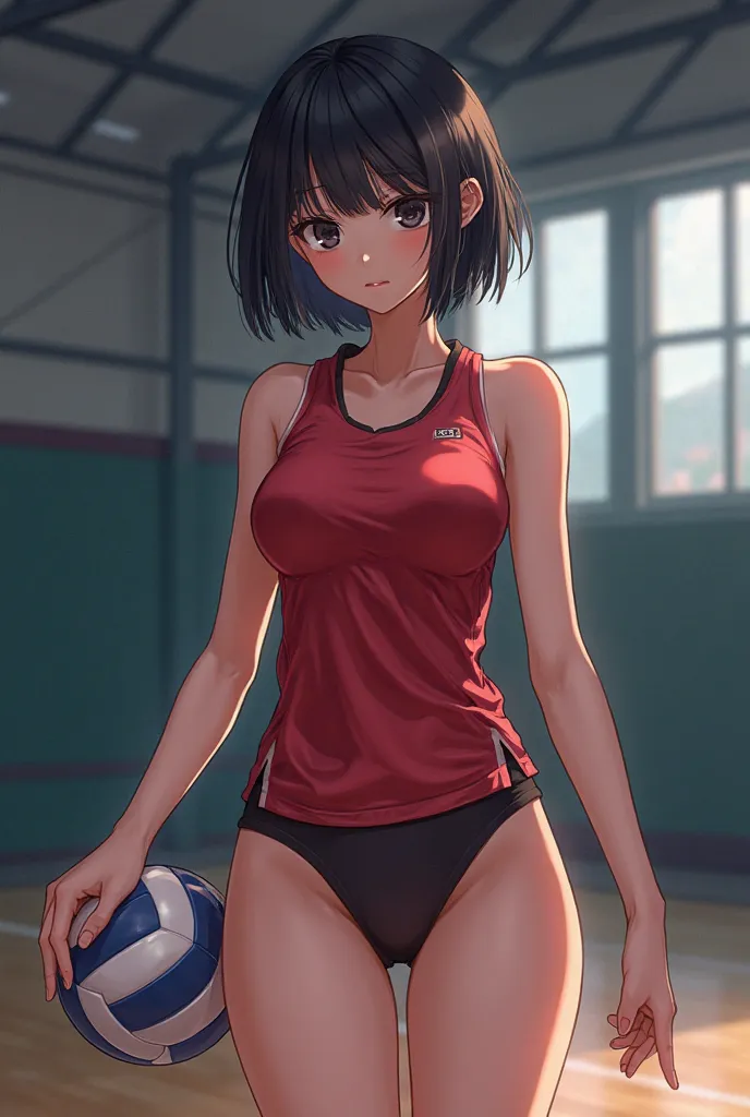 Girl, Anime, volleyball shirt, Panties, Sexy, Big boobs, Short hair, Black eyes, holding a ball