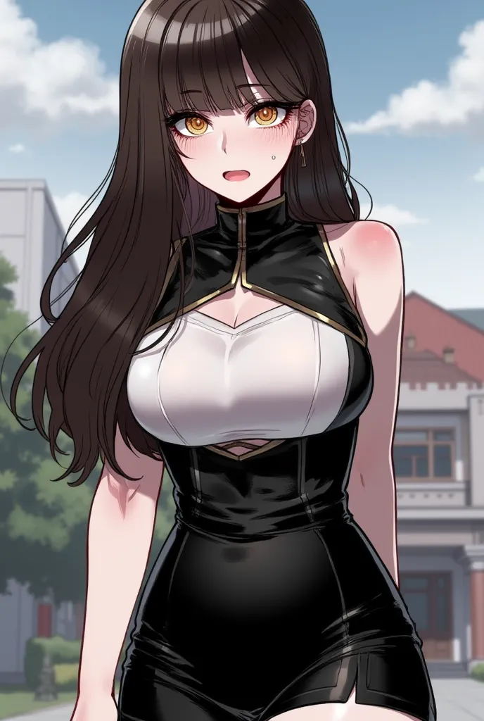 Create me an image in the Korean manwha fanart anime style with a 20-year-old woman with dark brown eyes and a lot of rebellious long brown hair with bangs with a serious expression with a very voluptuous body with big breasts,  with an elegant fitted blac...