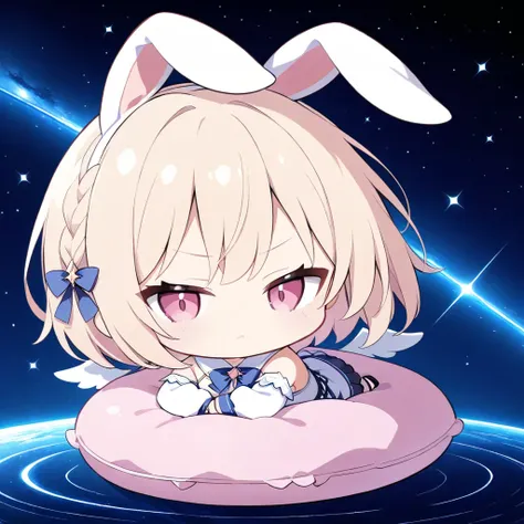 Chibi character: 1.2, best quality, 8K, 16K, super-resolution, light beige short bob, one side partial braid close-up, ((battlefield annihilation angel: 1.2)), beautiful girl, thin face, narrow eyes, pink eyes, grumpy expression, starry sky background: 1.2...