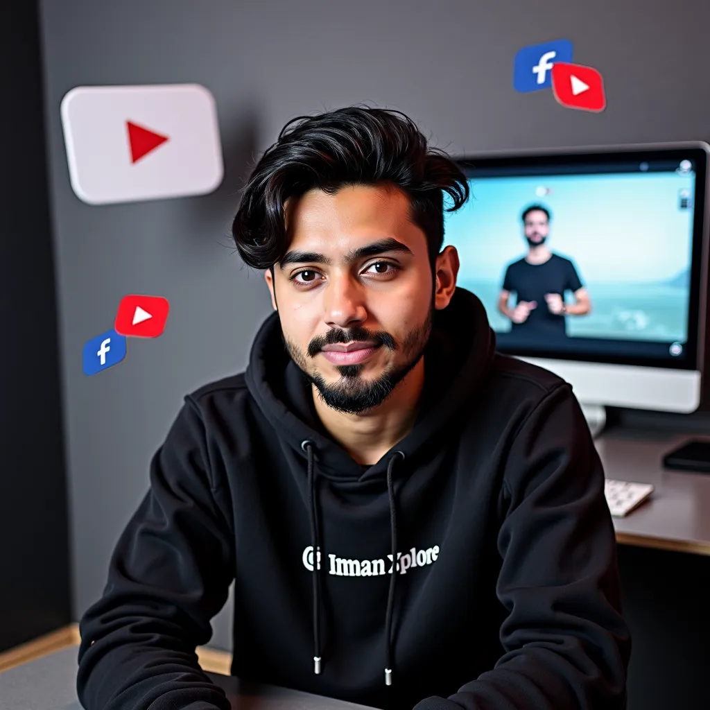 "A 20-year-old male sitting in a sleek, modern studio with a simple but stylish design. He is wearing a black hoodie with 'Imran Xplore' written on it. The background features a minimalistic yet professional setup, with a large computer screen in front of ...