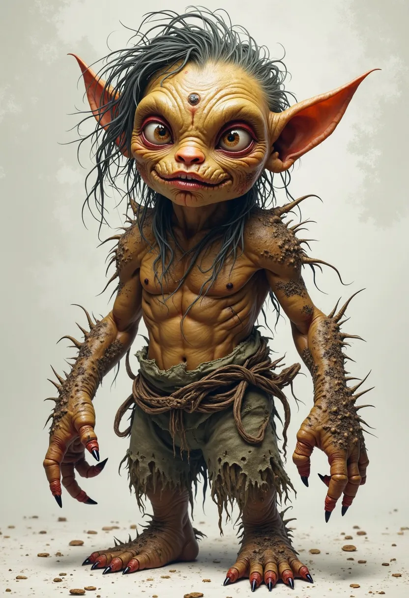 little monster, like a person: creature with unusual skin, , disheveled hair and clothes made of scraps. His little, with big expressive eyes and a sharp smirk {x} but his muscular body is covered in strange patterns or scars. Long fingers and claws, had i...