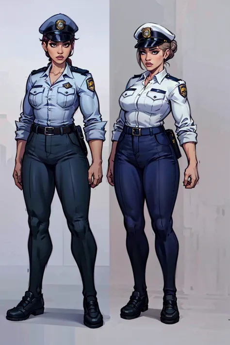 digital art, highly detailed, reference sheet, angled view, standing pose, feminine characteristics, hair bun, adult female, mature woman, curvy figure, whole body, form-fitting, police cap, long-sleeved police officer shirt, utility belt, police officer p...