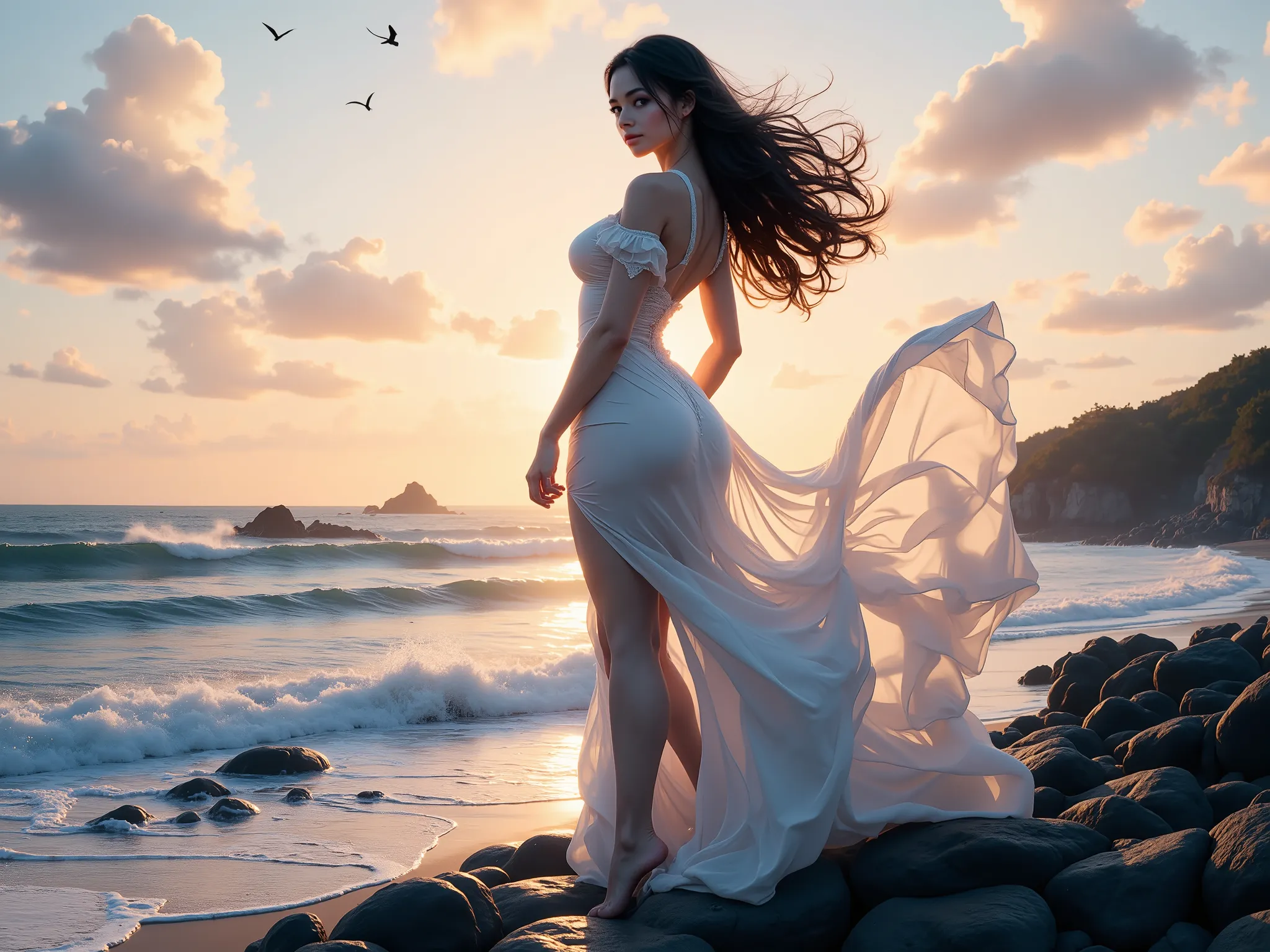 high quality, 8K Ultra HD, A beautiful double exposure that combines an goddess silhouette with sunset coast, sunset coast should serve as the underlying backdrop, with its details incorporated into the goddess , crisp lines, The background is monochrome, ...