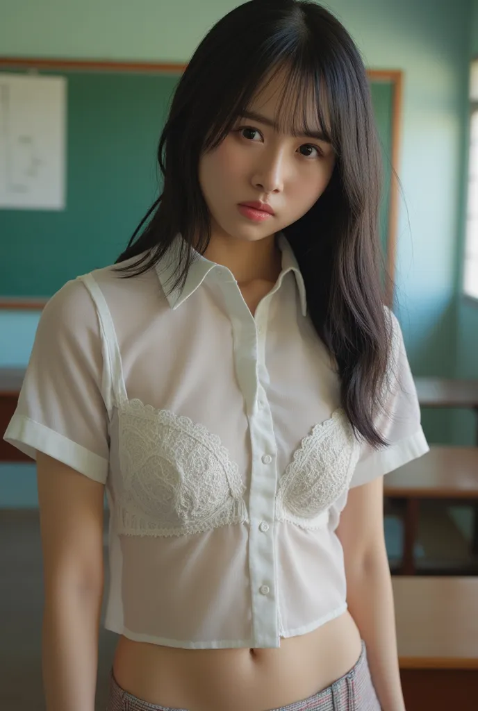 live action、 photos、( watching her), 8k, Top Quality, masterpiece,Japanese , 1, long hair, classroom, Japanese high , (miniskirt:1.3), (  Please raise your skirt :1.3), (Pixie_ cut), ( show black panties),((white shirt)), (See-through bra)