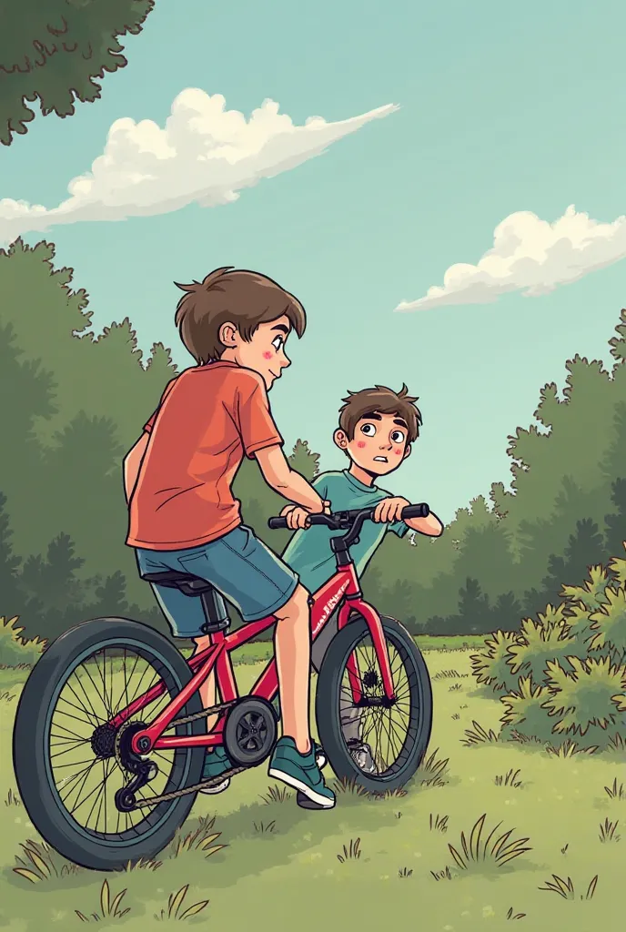 **Title: The Great Bicycle Escape**  

**Panel 1:**  
(Young protagonist, Alex, about , and best friend, Sam, stare at a brand-new bicycle in the front yard.)  
*Alex:* "This is it, Sam. My brand-new bike! Shiny, fast, and totally off-limits until I learn ...