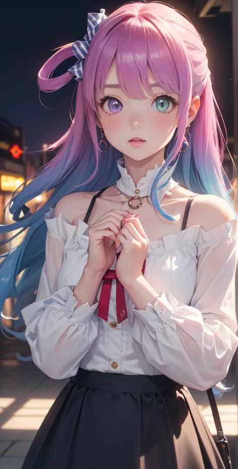 (( Masterpiece , best quality, highest image quality, ((best quality、8 k、 Masterpiece :1.3))  Masterpiece , neon lights, PENeonSign, neon lights, luminescence, intense and colorful,  1 girl, neon lights,  chelka, blue hair, blunt  chelka, Red, a gift,  che...