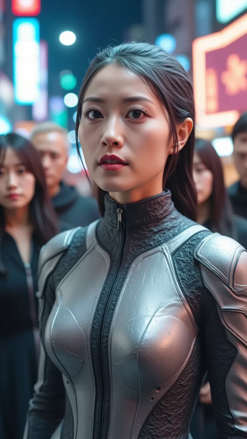 A female alien who looks almost identical to a human stands in a futuristic cityscape, wearing a sleek silver armored suit with intricate patterns. Her eyes have an otherworldly glow, and she speaks in an unknown alien language, her lips forming unfamiliar...