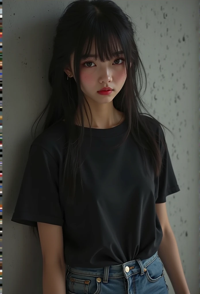 hyper realistic closed up a charming chinese girl  black bang straight   hair   wearing black   t shirt  jeans ,  ,straight face light reflection face shadow, so tired and cry  leaning against the wall
background  gray wallpaper 