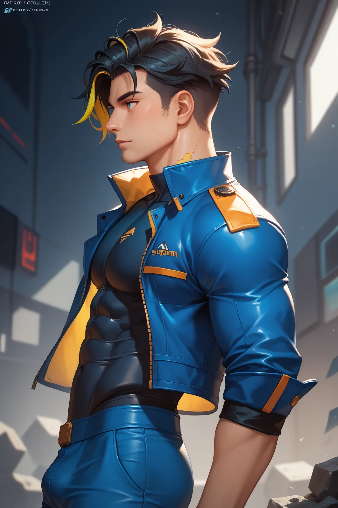 Solo, (((From Side))), Male, Human, Slim Body, ((Black hair with Yellow Highlights)), Medium well kept hair, sci-fi type, Blue Suit Jacket, Black Button Up shirt, Blue Suit Pants, Abyss Mark on neck, looking towards viewers, Studious Pose, Sci-fi College,