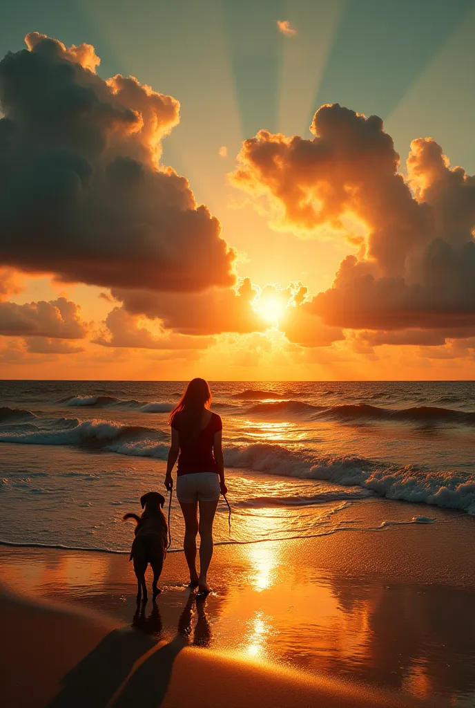 Sunset over the sea seen from the beach with waves formed by clouds, softly illuminated by a golden volumetric light. Stormy clouds in the sky play a dramatic role, with the sun setting behind them on the horizon, casting a warm glow that illuminates the w...