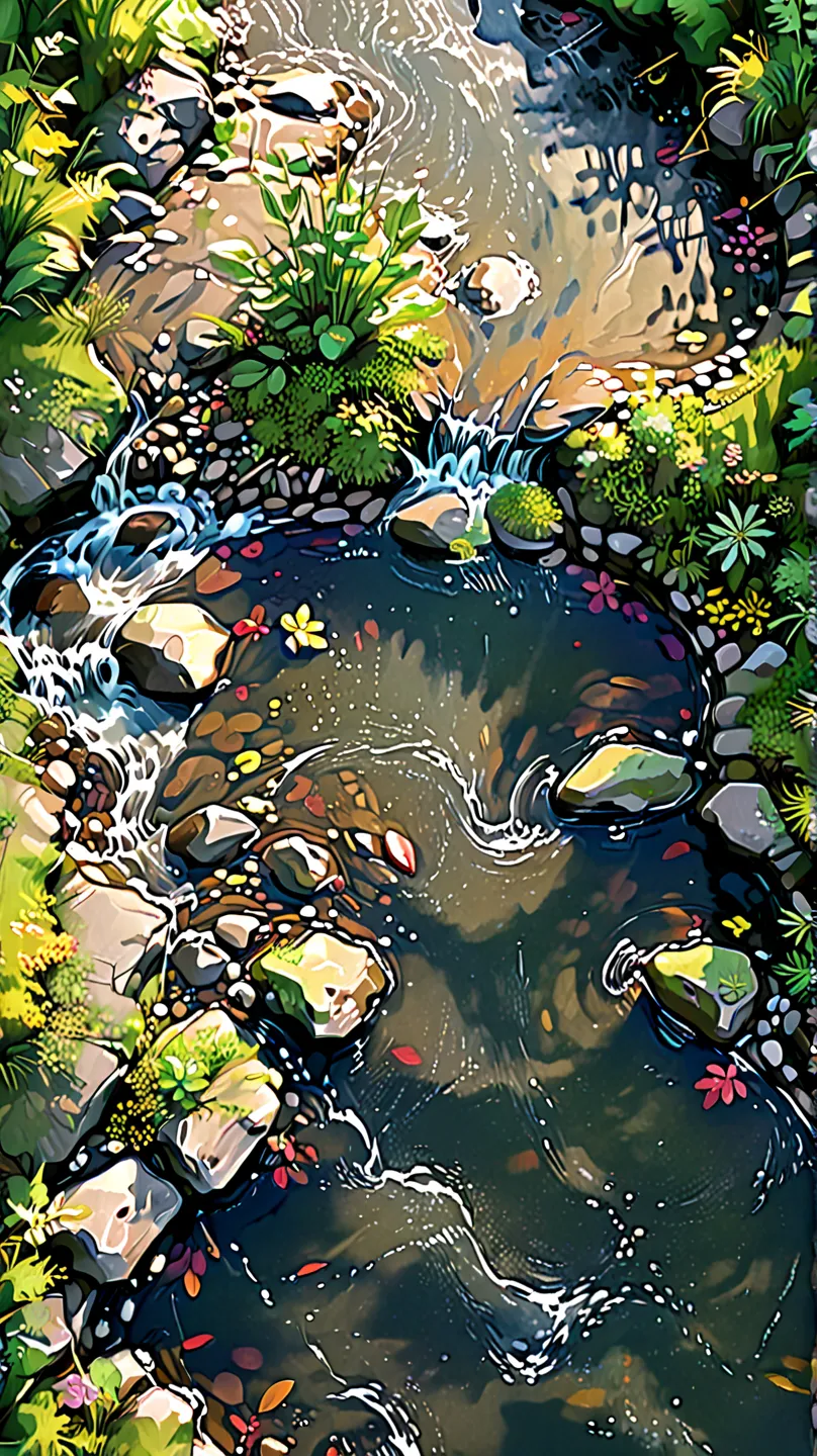 just above from the bridge,High quality, 8K Ultra HD, best quality, super detailed, Artist's sketch style, thick lines, Composition viewed from above, no people,Captured the movement of the Babbling brook,A very gentle (gentle flow:2.8）, a sketch of the ri...