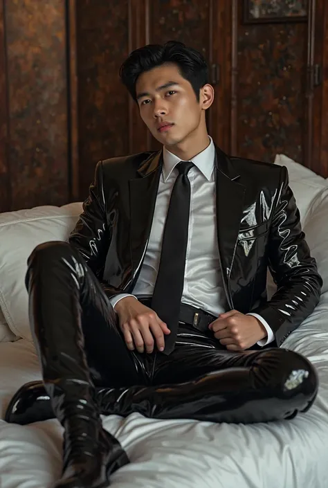 Handsome Korean hot business man was shiney pvc atex suit with necktied and touched his belt on his trouser and hold his jacket wear shiney latex shoe laying on bed 