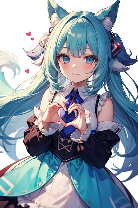 ,Uma Musume,turquoise hair, long hair caught in a hole,make a heart with your hands,smiles