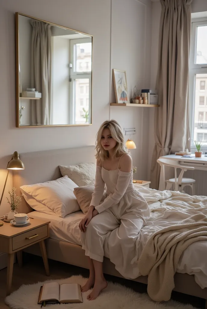  A fair-skinned young woman , about 20 years old, with platinum and wavy blonde hair, is posing sensually in a cozy and well decorated room. The environment has a modern and minimalist style, with carefully planned details to convey sophistication and comf...