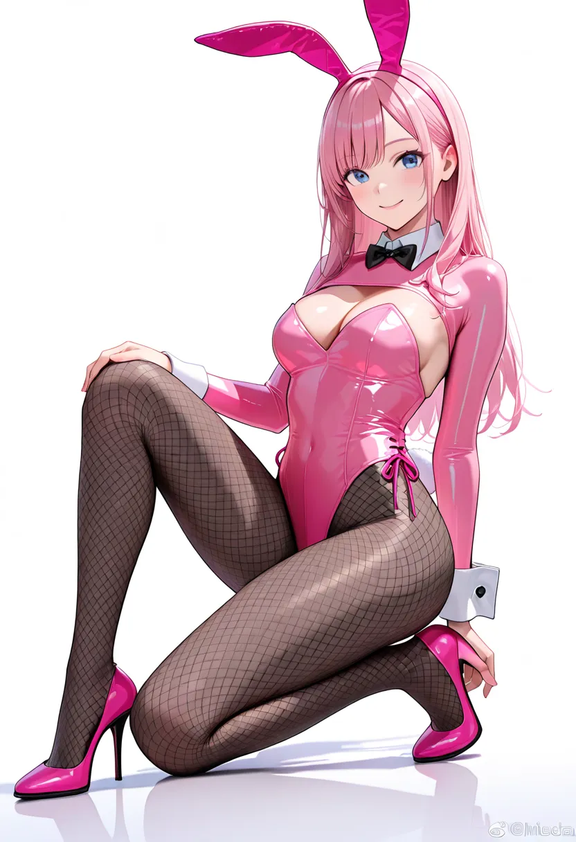  gets down on one knee、kneel、black tights、black fishnet tights、bunny girl,super realistic,high quality,Detailed,4K rendering,white studio background with,Smiling face,rabbit in a bodysuit,latex wearing a pink enamel luster bodysuit、Blue Eyes、 pink long hai...