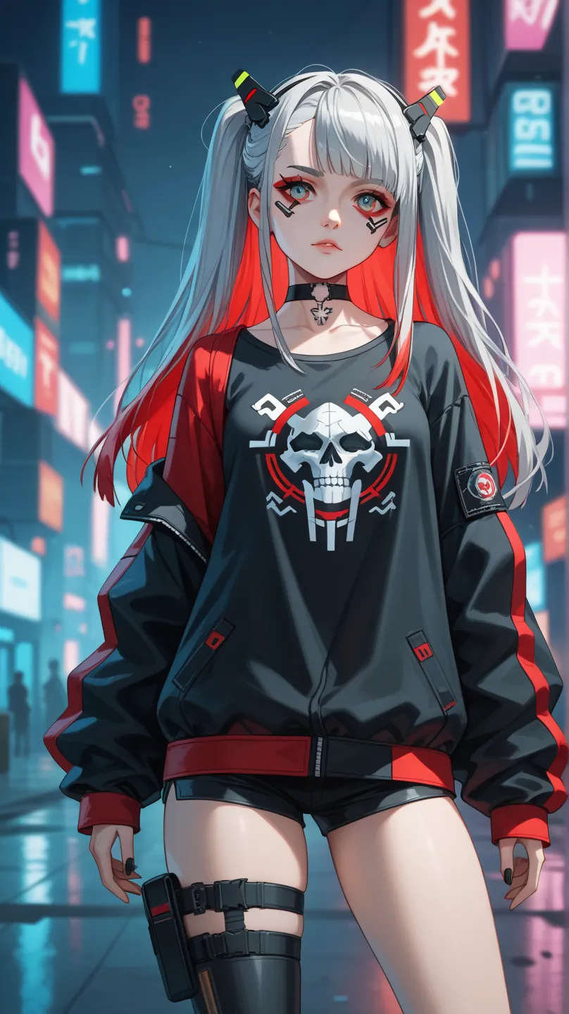 A stylish cyberpunk anime girl with a mix of gothic and streetwear aesthetics, standing confidently in a futuristic urban setting. She has dual-colored hair, silver with black and red highlights, styled into twin tails with metallic hair accessories. Her e...