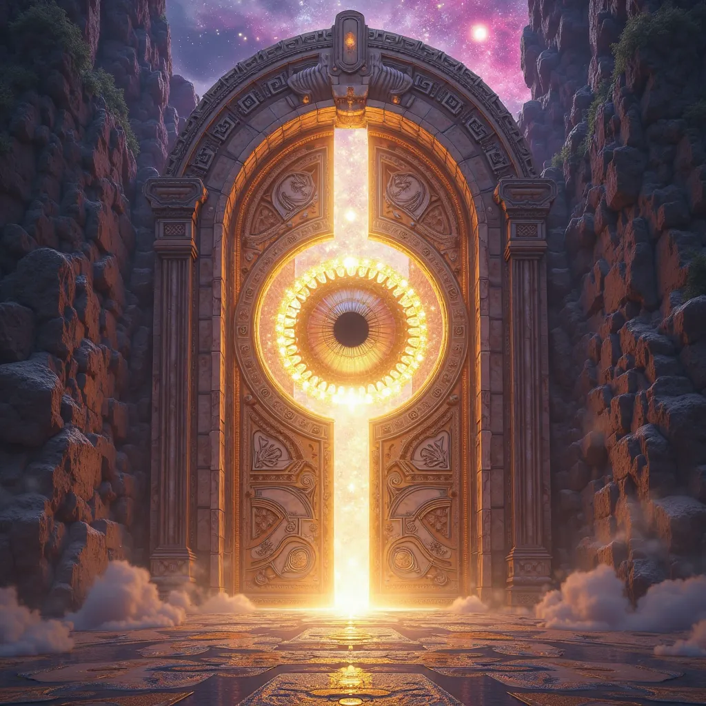 A massive, mystical ancient door wide open, occupying the foreground, with a glowing, powerful third eye filling the center of the door. The eye is enormous, radiating intense golden and white light, symbolizing enlightenment and awakening. The door is int...