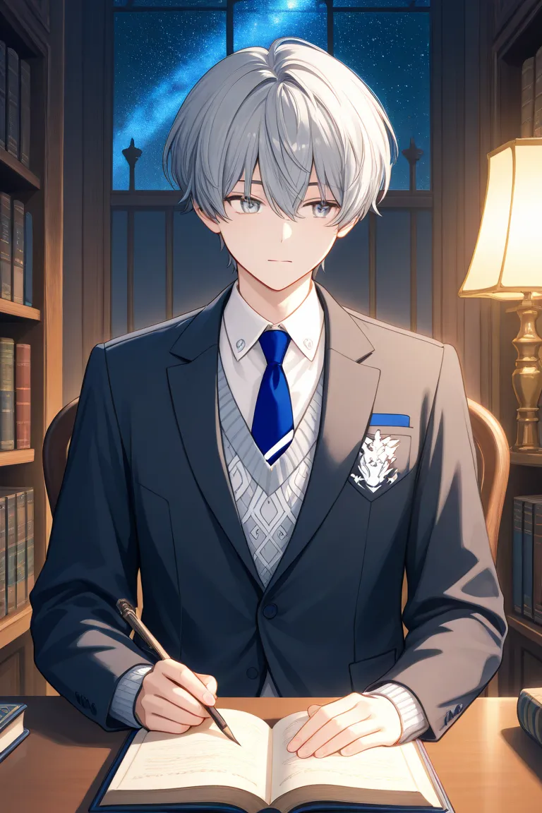 A young male student of Ravenclaw, approximately 18 years old, with an intellectual and reserved appearance. His hair is brown, slightly wavy, and tousled. His eyes are a deep blue or grayish hue, reflecting a thoughtful and introspective gaze.

He wears t...