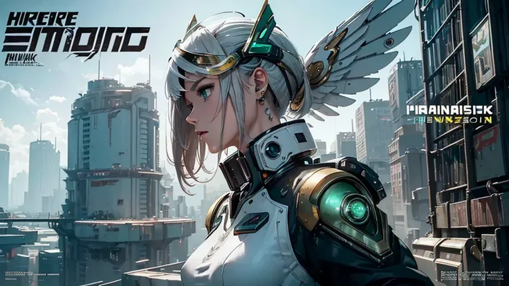 masterpiece,  (best quality), (super detailed), (super realistic:1.2), landscape,  sci-fi,  transistor punk ,  Cyberpunk, Biopunk, ( magazine cover :1.4), ( grey, white), Giant female-shaped robot,  visor, earrings, mechanical  Angel Wings on the back,  An...