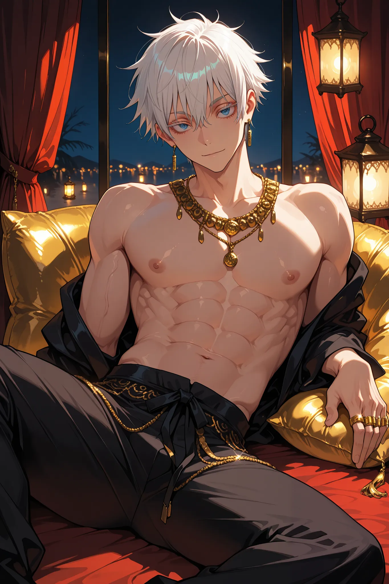 Masterpiece, high resolution, HDR, detailed composition, unique, 1 man, adult, satoru gojo, jujutsu kaisen, white hair, blue eyes, white eyelashes, short hair, handsome, adult, masculine, muscular, trained body, bare chest, dressed like a sultan, lots of g...