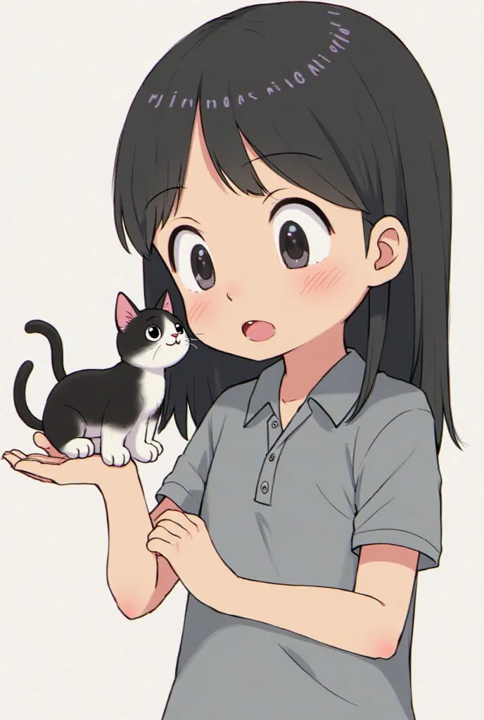 The cartoon character is a girl with long black hair, her eyes are bent over a cat, her nose is wide, her upper mouth is smaller than her mouth below, she is playing with a cat, wearing a polo shirt. The cat is playing on her left hand. The cat has white f...