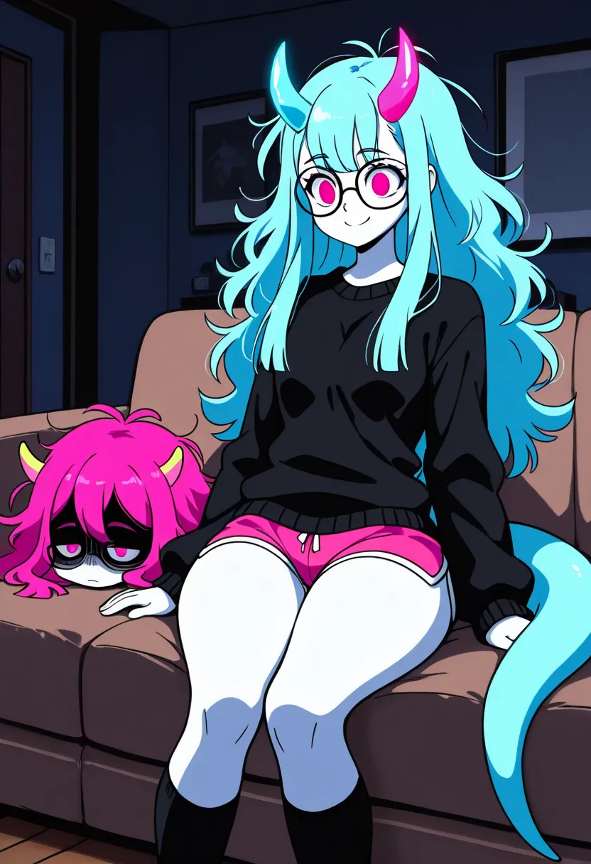 magenta hair, round black glasses, white skin, black shirt, black sweater, long messy hair, neon pink eyes, cartoon style, black dolphin shorts, long black socks, long hair, ice blue hair ends, glowing eyes, dark place, in a room, living room, sitting on t...