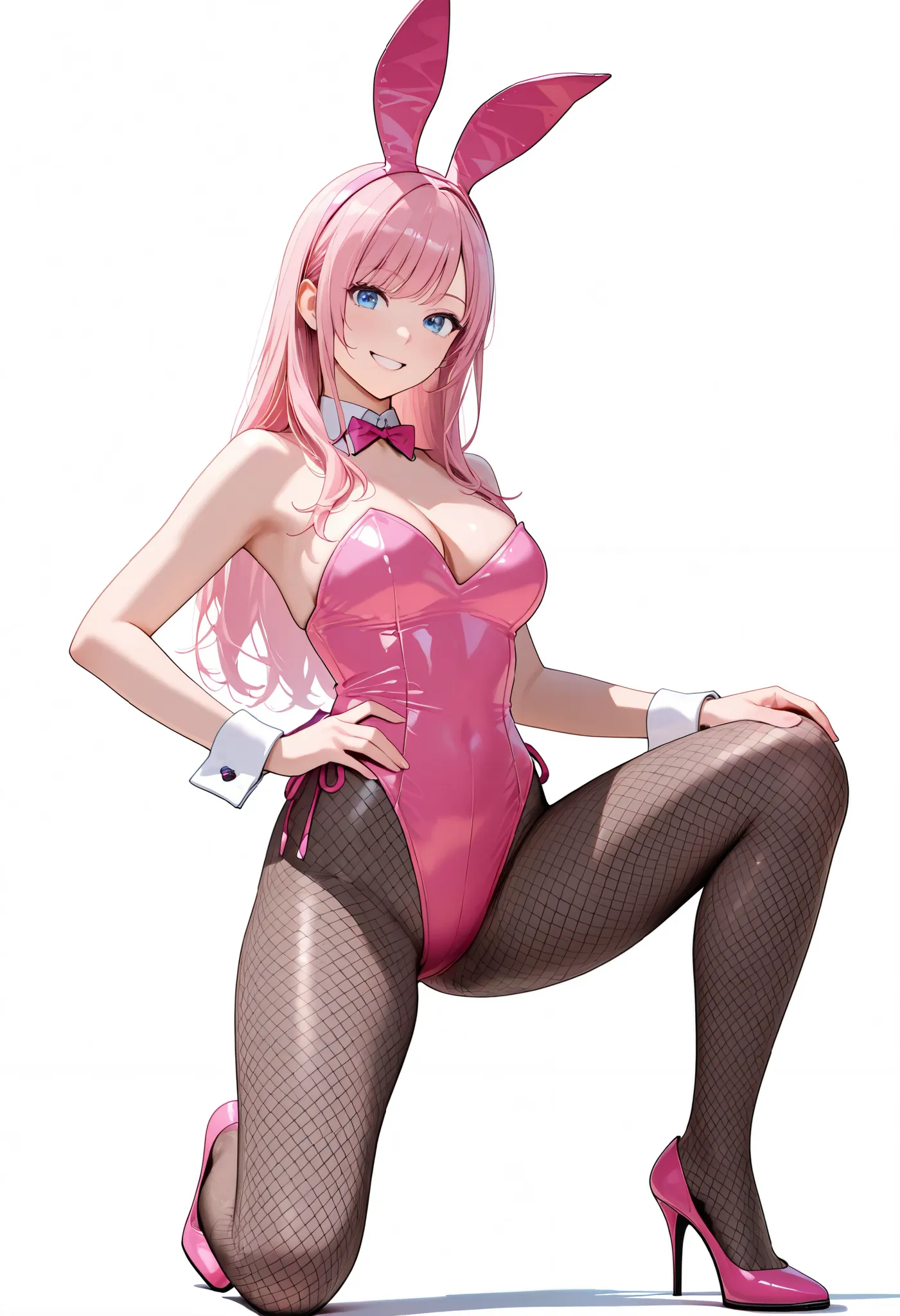  gets down on one knee、kneel、black tights、black fishnet tights、bunny girl,super realistic,high quality,Detailed,4K rendering,white studio background with,Smiling face,rabbit in a bodysuit,latex wearing a pink enamel luster bodysuit、Blue Eyes、 pink long hai...