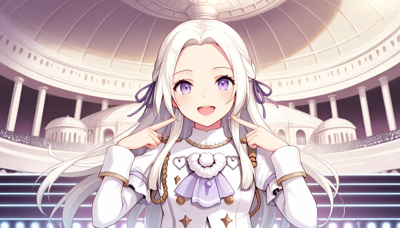 masterpiece, best quality, 1girl, solo, dfltedel, long hair, half updo, white hair, sidelocks, purple eyes, hair ribbon, purple ribbon, pure White idol clothes, upper body, looking at viewer, smile, pointing at self, open mouth, happy, stage, dome, facing ...