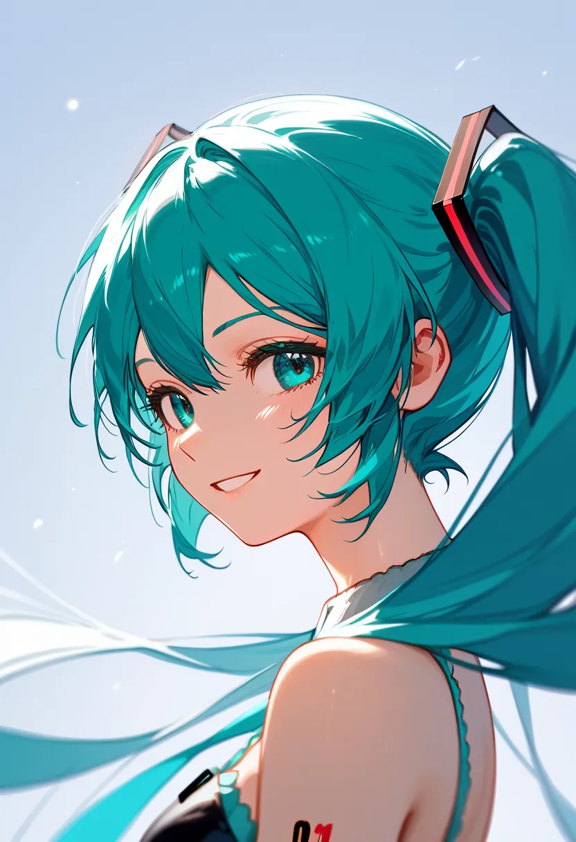 ((masterpiece, best quality)),best aesthetic,1girl, solo, hatsune miku, elegant casual dress, portrait, looking away from viewer, from side  vibrant, simple_background, smile