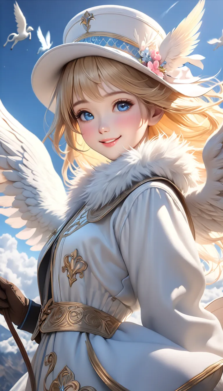  ( bestquality,4K,8k,highres,masterpiece:1.5),ultra-detailed,(realistic,photorealistic,photo-realistic:1.4),HDR,UHD,fantasy portrait of a cute girl with golden hair、Flying over the clouds with a cute, young white Pegasus、(Strong pastel effect:1.4)、 detaile...