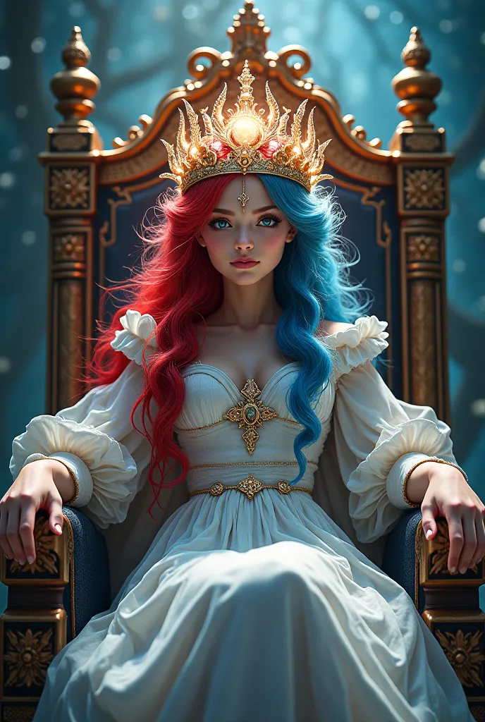 A girl with red-blue hair and white locks on a throne being crowned 