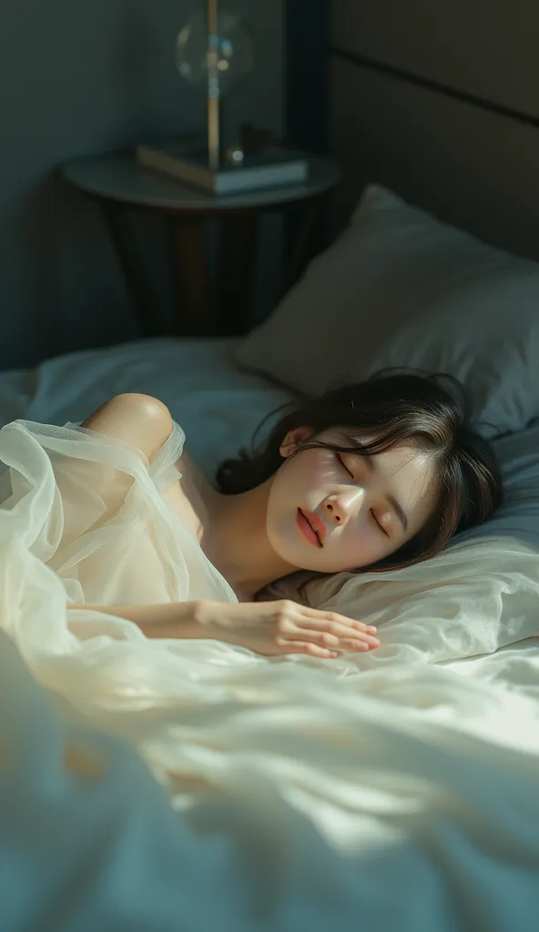 (16k, top quality, masterpiece: 1.2), (realistic, photorealistic: 1.37), super detail, She was lying on a mattress with only a see-through sheet covering parts of her body. Korea woman, sleep