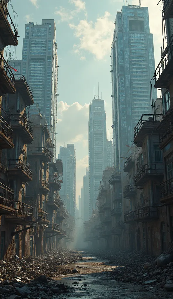 "A city divided in two, one half opulent skyscrapers and luxury, the other half crumbling buildings and poverty"