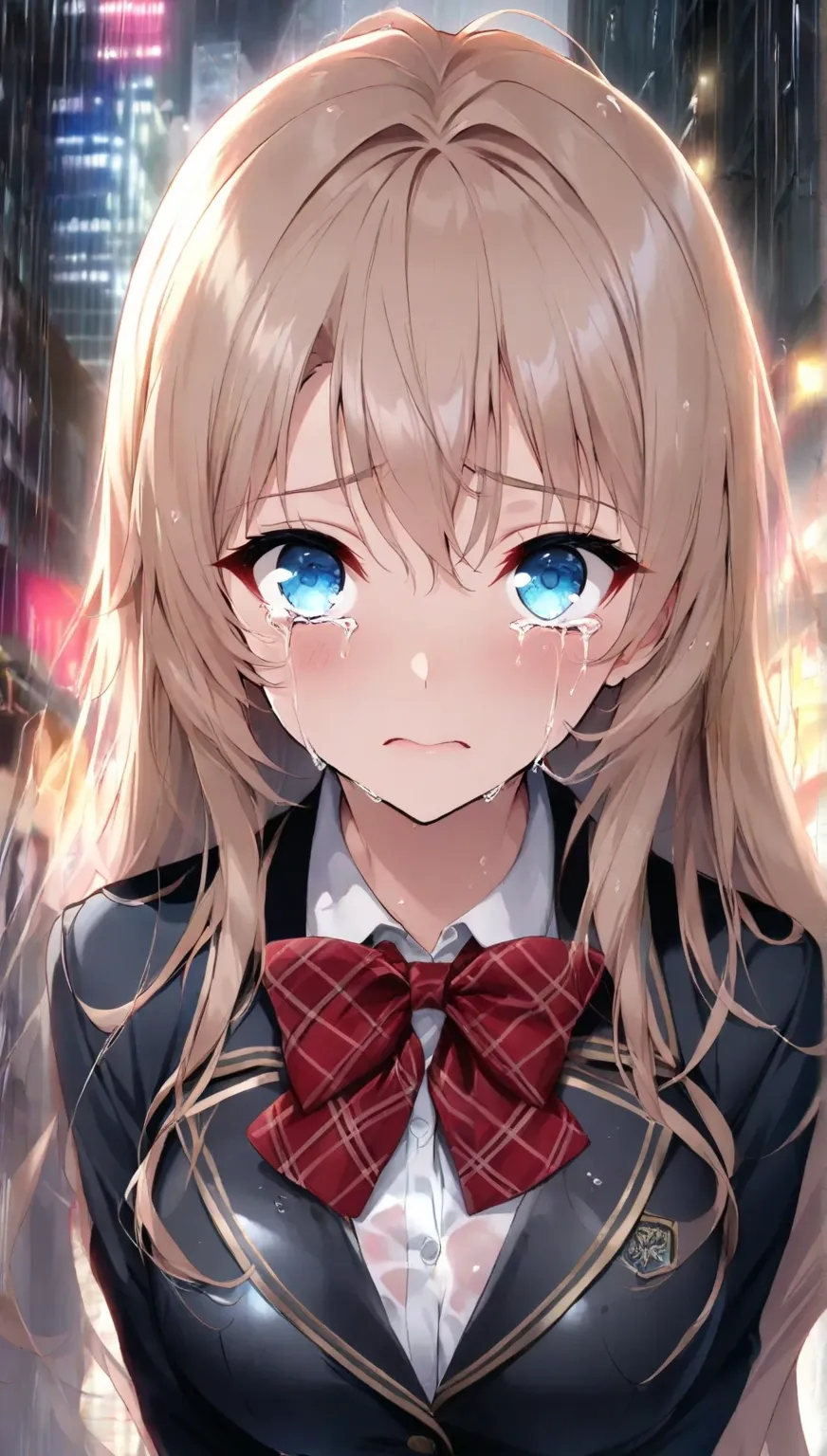 1 Beautiful Girl , (Alluring, crying, regrettable, shout,  looks up), Anime Style, ( Gold, long hair), (Mid-chest), Fashion Model Body Type, (School blazer , red check bow tie, Soaked all over:1.2), Extremely cute , ( bust shot), In the rainy city ,  stand...