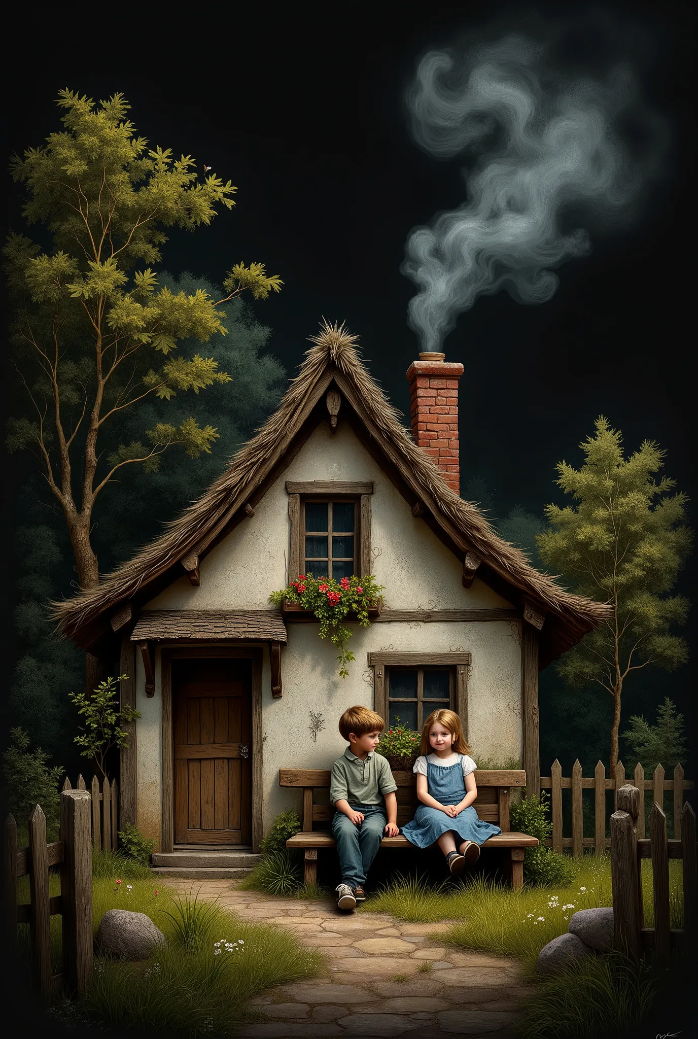  blackboard, beautiful clear pattern, the image is painted in small, A little house with smoke coming from,  very detailed , every outline can be seen, The bench on which the Boy and Girl are sitting, impressively, trees, small fence, is located next to th...