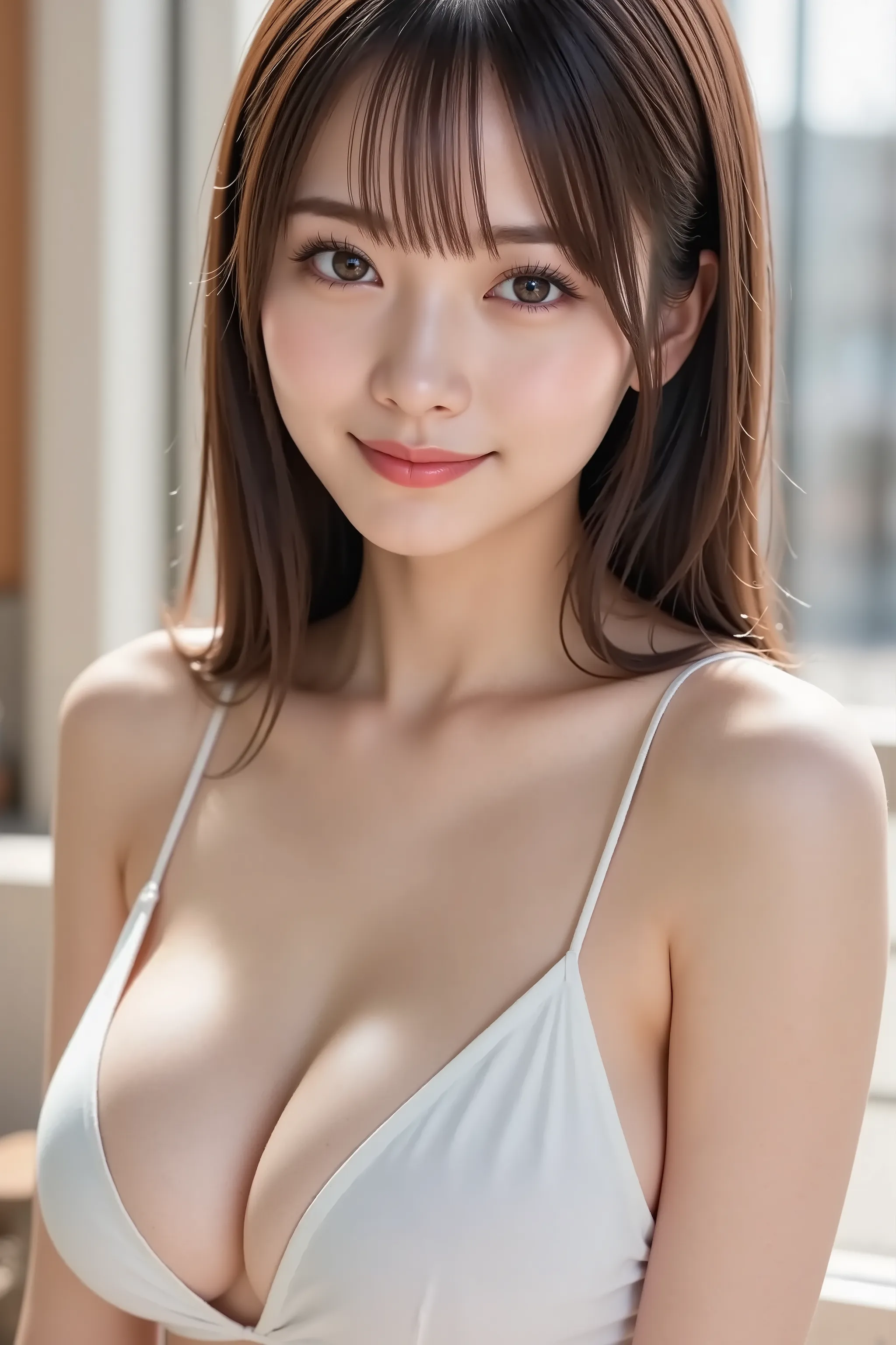 A state where the face is accurately positioned in the center of the image, upper breast, 's entire head is fully reflected, Face clearly visible, naked、nakedで胸を手で支える, long hair caught in a hole, bungs, smile, young and cute japanese face, Official Art, hi...