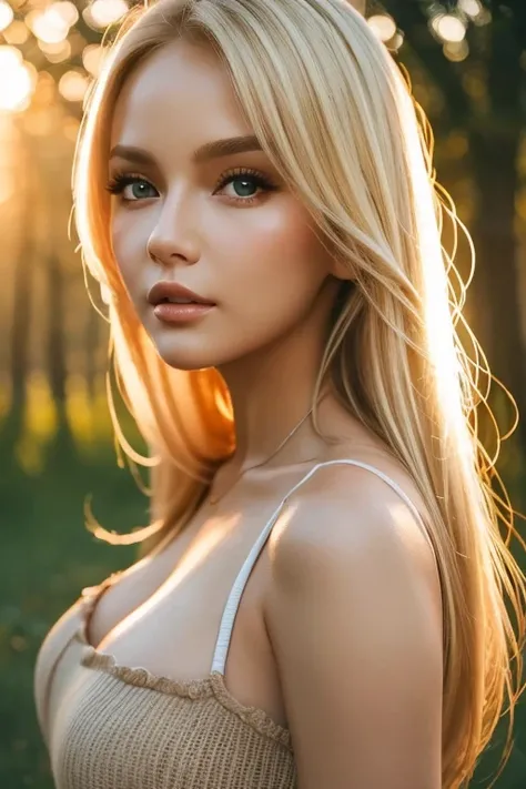 close-up portrait,  sexy SS blonde, parted lips, lips,  casual dress that pulls the POV, viewers, Forest Background, SUNSET LIGHT, realistic