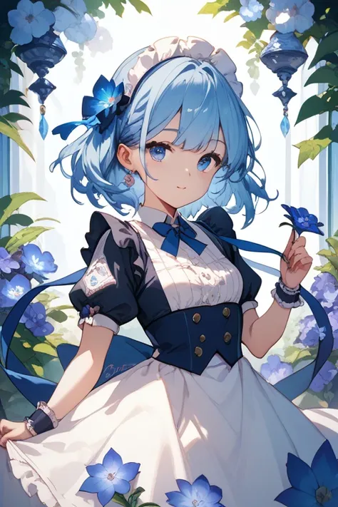  bright skin、Deep blue eyes、blue hair with low double ties、hair accessories with purple blue flowers。Everyday maid clothes。