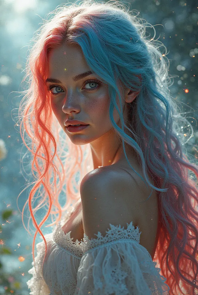 A girl with red blue hair and white locks with powers 