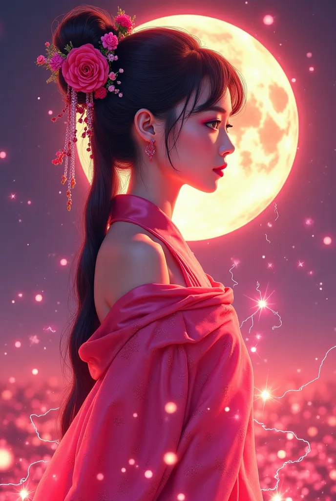 Theme: Draw a Chinese-Thai woman with a cute, funny and hard-to-reach look with a moon. 🌙 + electricity 🔥 + เสน่ห์ 🖤
	•	Color: Tone Pink Purple Red Gold 
• Style: Y2K is not Chinese, it is Japanese
• Effect: Light Aura, เปลวelectricity, Full Moon