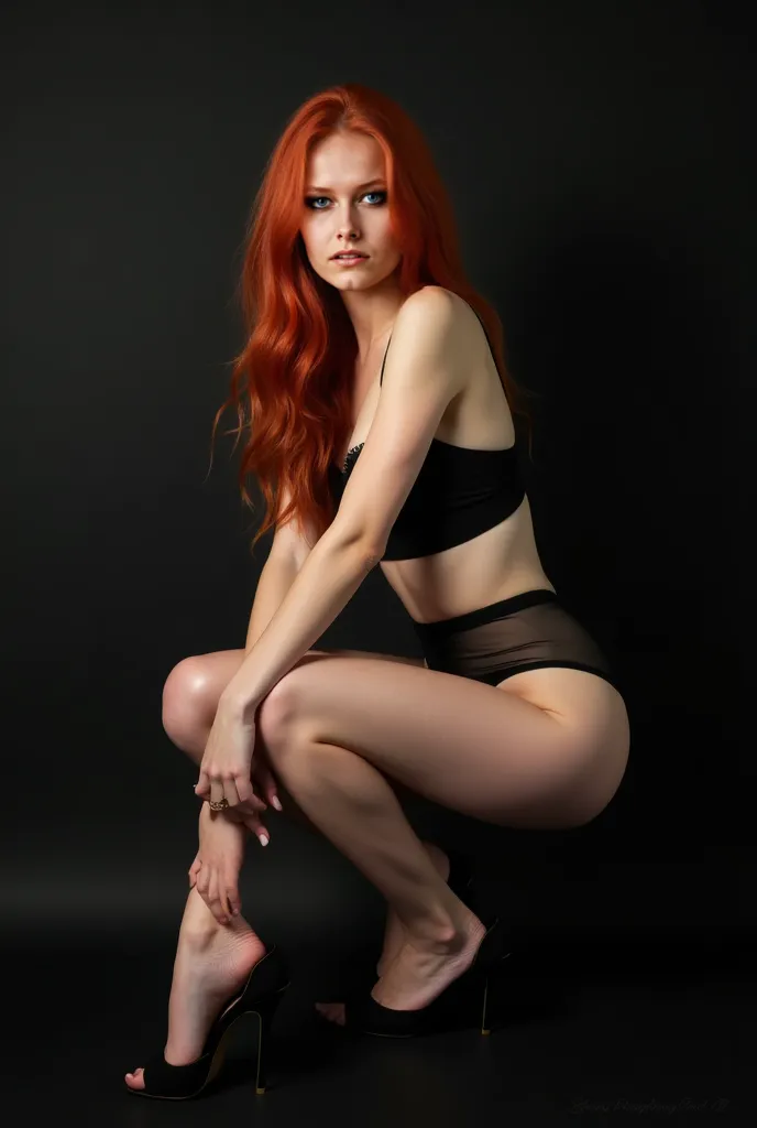 hot half naked photoshooting with young seductive redhead, sitting on a modern chair with her legs wide open, black background, mouth slightly open, perfect body, oiled, , wearing fuckme-heels and black sheer lingerie, full body view, various posing