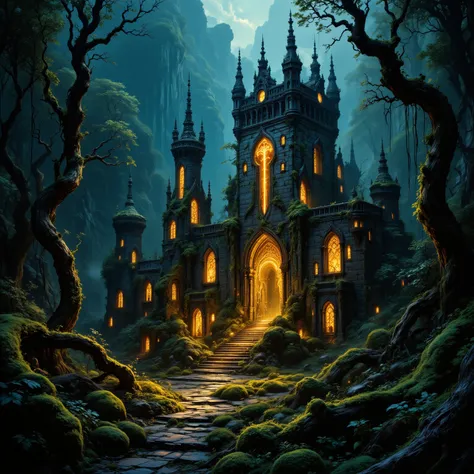 A surreal post-apocalyptic fortress deep in a dense forest, blending Insular Illumination art with Neo-Surrealism. The fortress is adorned with intricate Celtic knotwork and glowing golden spirals that merge seamlessly into the environment. Its stone walls...