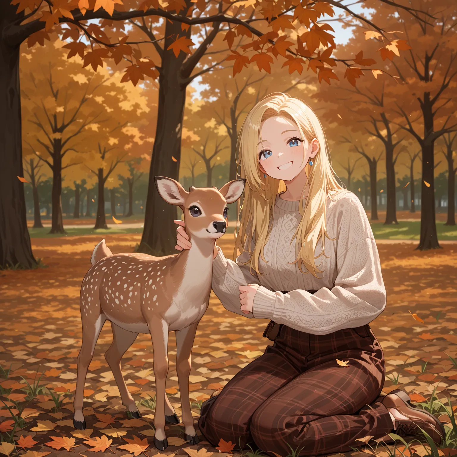 Masterpiece, hd, 1girl, blonde hair, blue eyes, wearing casual outfit, Sitting, deer near her, smile, happy, outdoor, autumn