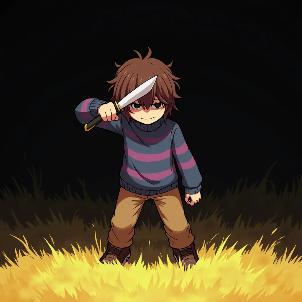 A close-up anime-style illustration of Frisk from Undertale, standing on yellow grass with a knife raised, ready to strike. Their face is partially obscured by their brown hair, covering their eyes, giving a mysterious and ominous look. The background is a...