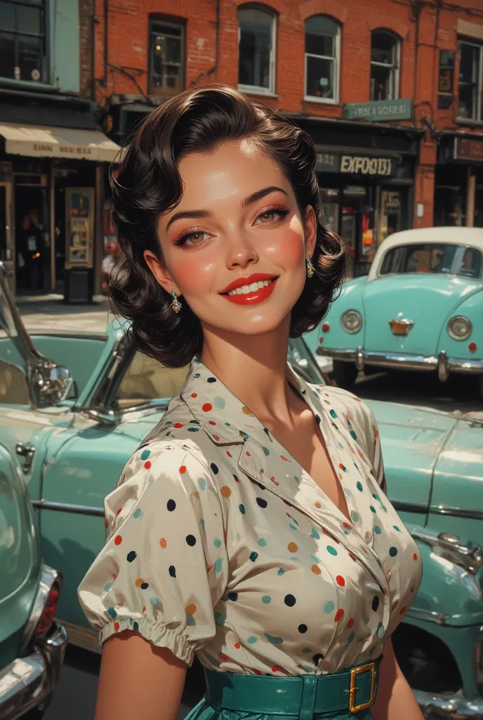 8k, Masterpiece, Top Quality, Woman.  1950s hairstyle.  Polka dot dress. Teal belt. Red lipstick.  Smiling.  Slight three-quarter pose.  Classic 1950s setting.  Teal car. Brick buildings. Shopfronts.