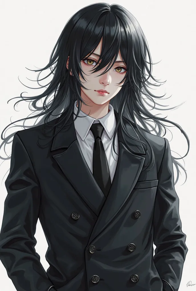  Anime Tween boy with Long Flowing Black Hair wearing a Baggy Long Sleeved Double Breasted Black Suit and Tie with White Dress Shirt. With Black Leather gloves