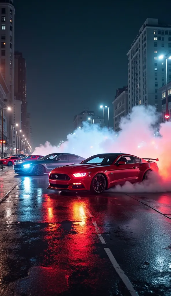 make an image of a Bmw, Mercedes,Ford Mustang, Rolls-Royce car doing burn outs in night on the street . beautiful scenario at night.