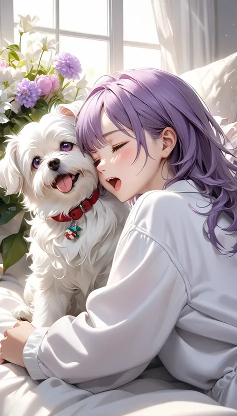 Hyperrealism,  very beautiful young new look , ,  cute and kind face , Adult eyes,  detail eyes, purple hair　Holiday conditions,morning　 sleepy face　yawn　White loungewear　Woman and 1 Maltese　long sleeve long pants　眠そうな休日のmorning　Adult beauty　Maltese dog ba...