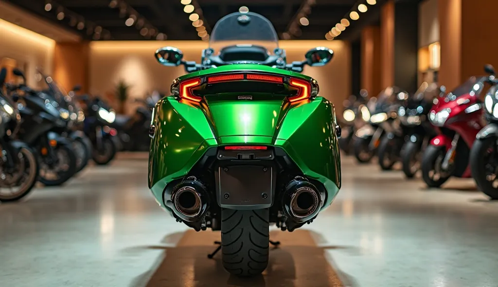   2025 Honda GoldWing gl 1800 motorcycle green  colar back bumper view in a luxury bike's showroom