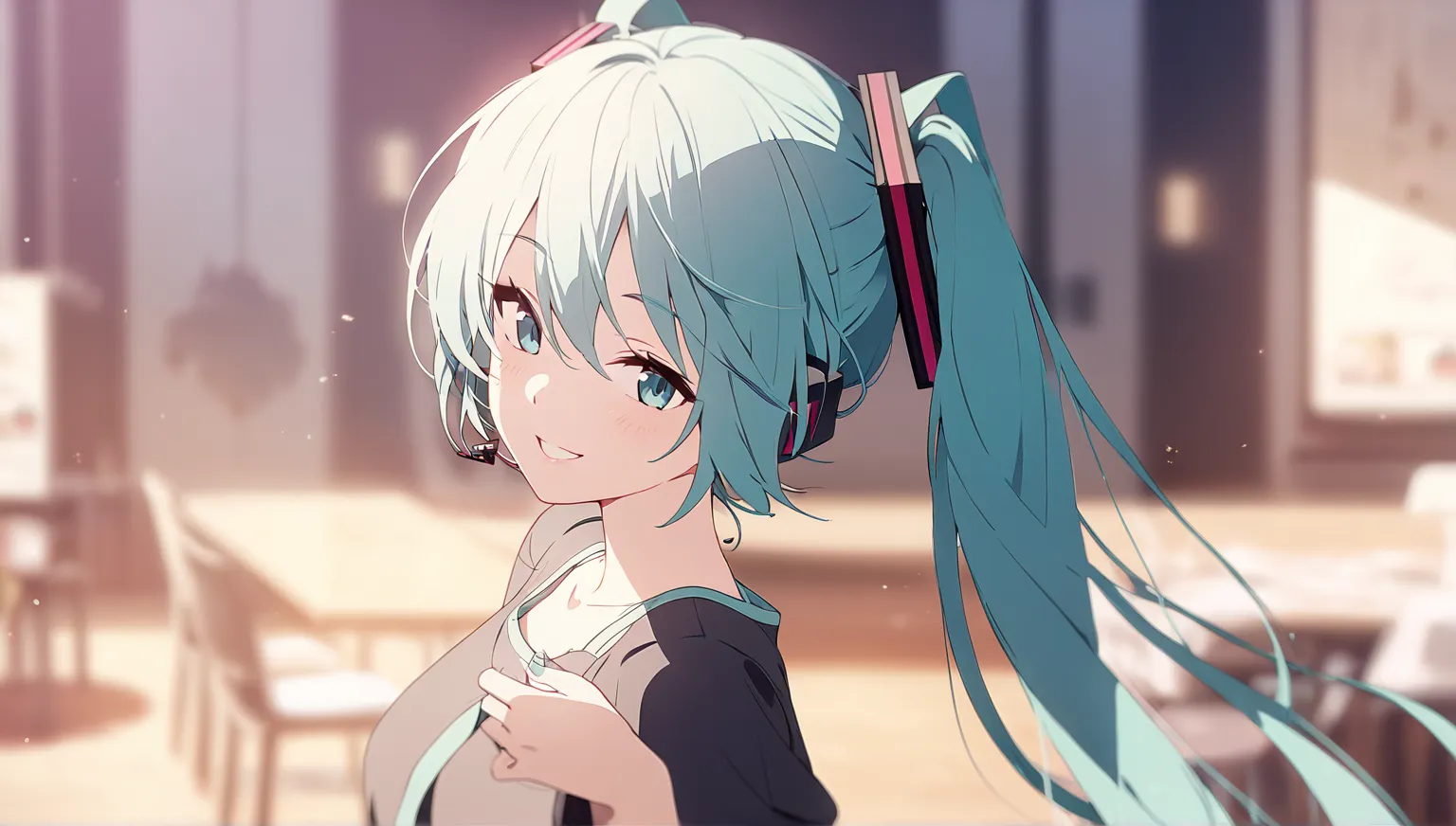 masterpiece,best quality,depth of field,8k, solo, hatsune miku, casual dress, smile, looking away from the viewer